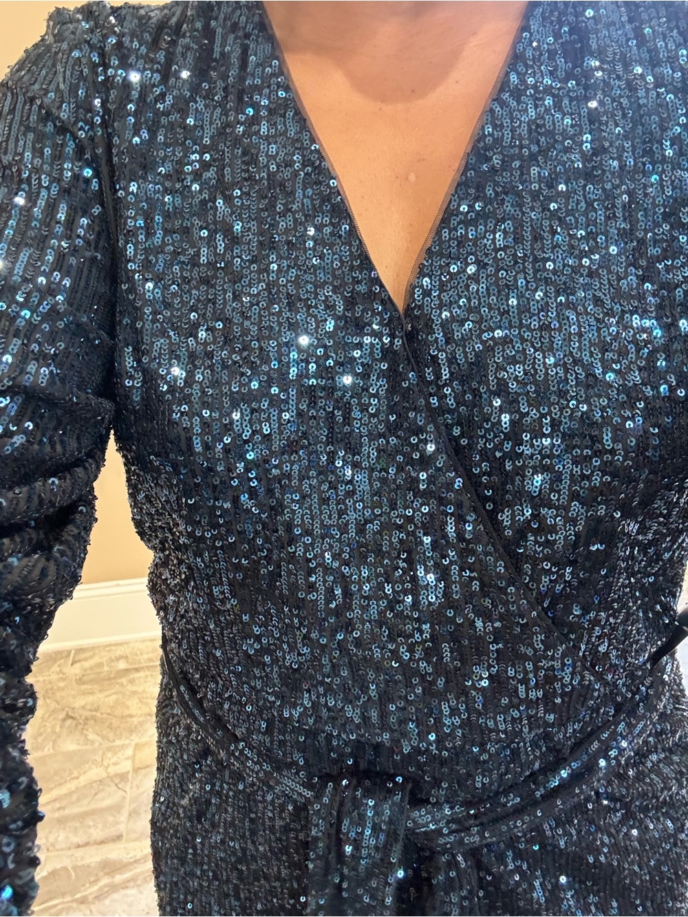 White House Black Market Navy Sequin Wrap Dress - Picture 4 of 5